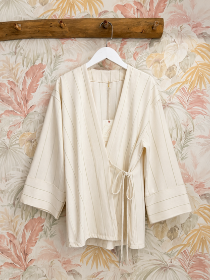 Kimono gessato con laccio - BEIGE
