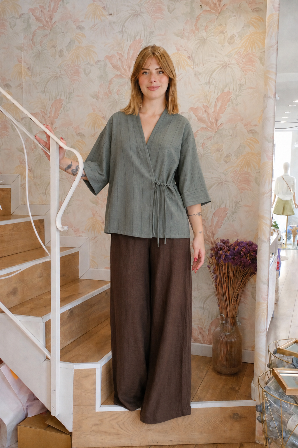 Kimono gessato con laccio - VERDE MILITARE