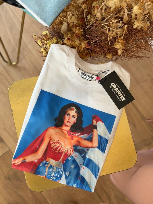 T-shirt stampa Wonder Woman vintage cinema - BIANCO