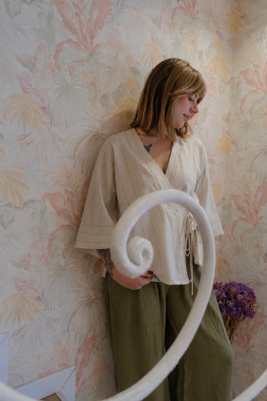 Kimono gessato con laccio - BEIGE