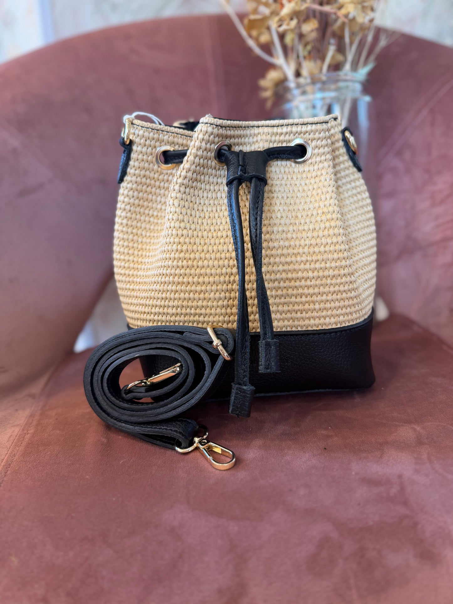 Borsa CINTHYA in pelle e rafia - NERO