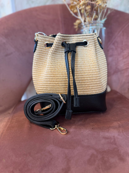 Borsa CINTHYA in pelle e rafia - NERO