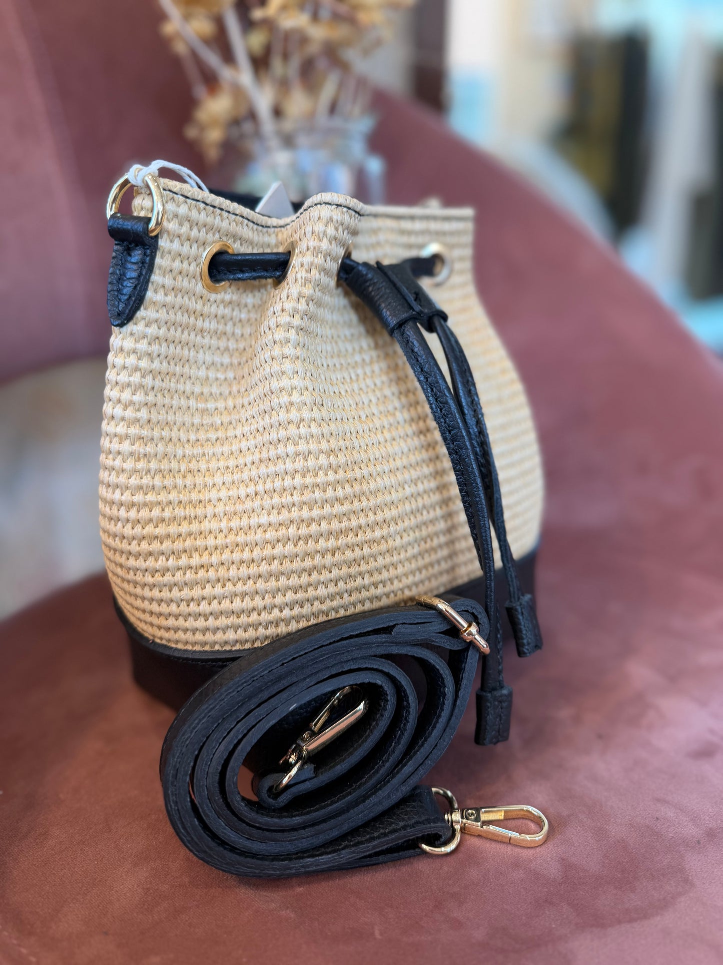 Borsa CINTHYA in pelle e rafia - NERO